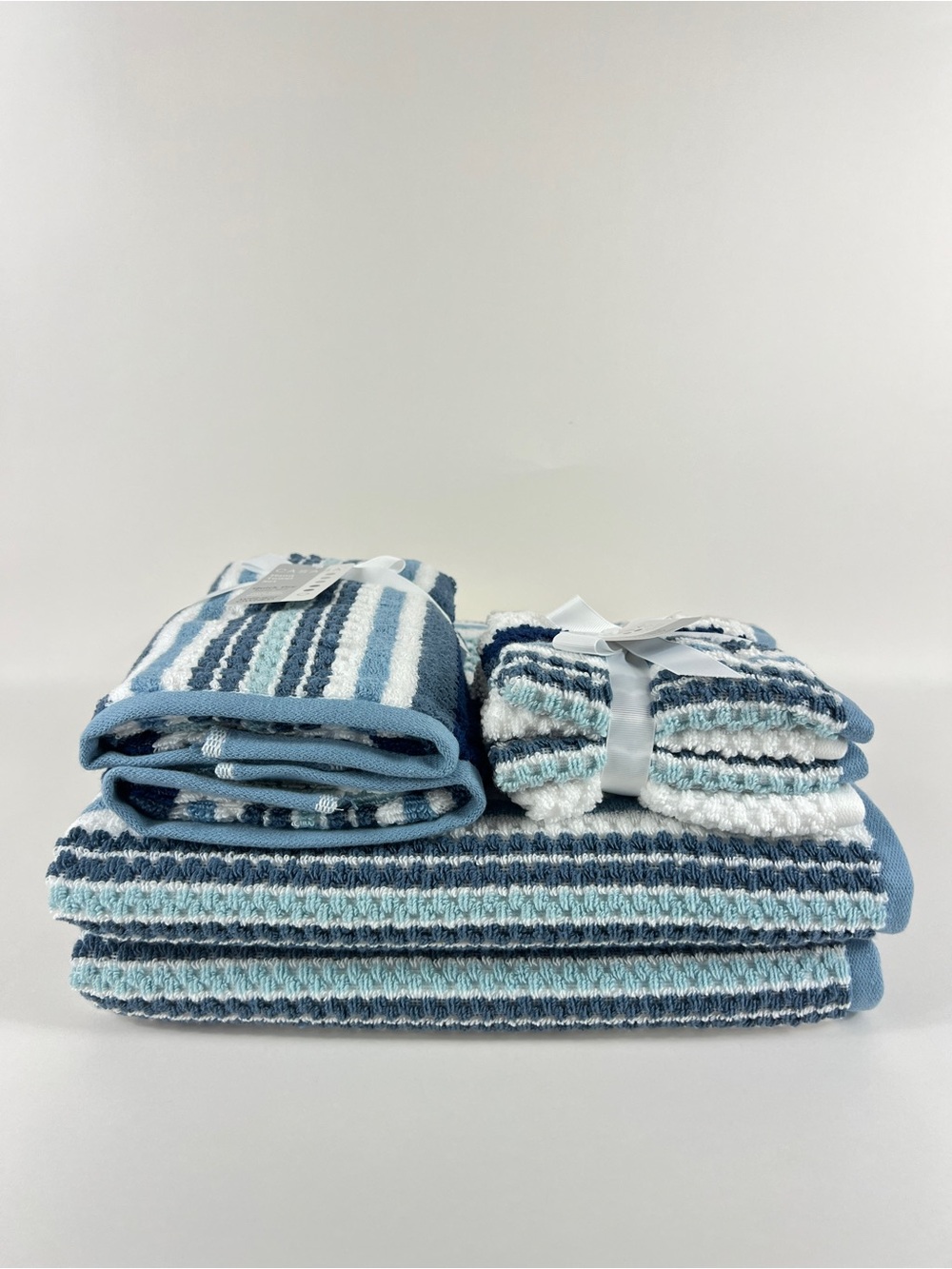 Casaba 8 Pc Bath Towel Set Blue White Taupe Striped Super Soft Cotton Blend NEW